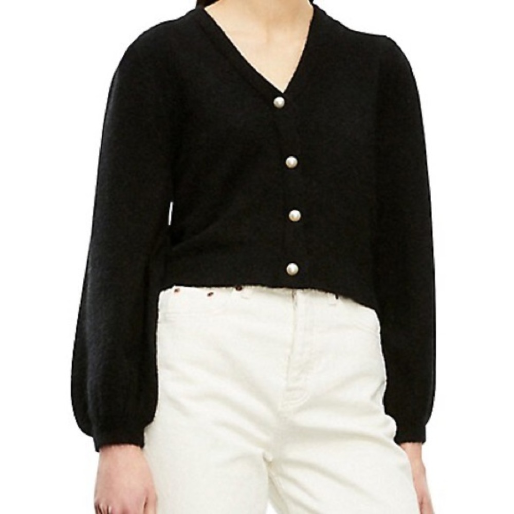 NWT The Kooples faux pearl button, balloon sleeve black cardigan.